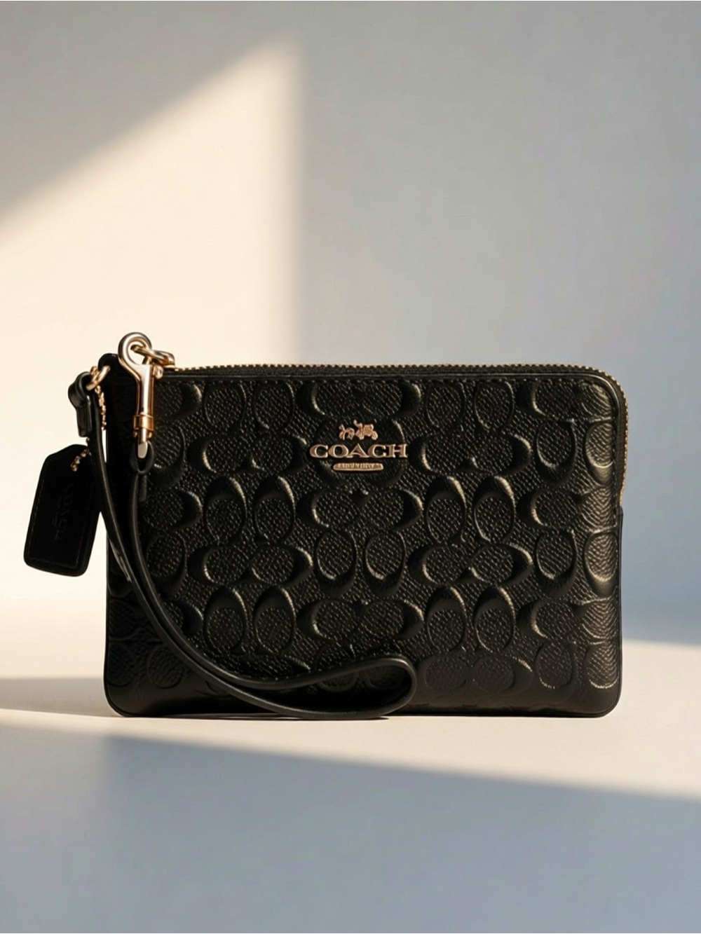 Coach Black Signature Patent Leather Corner Zip Wristlet Gold Hardware